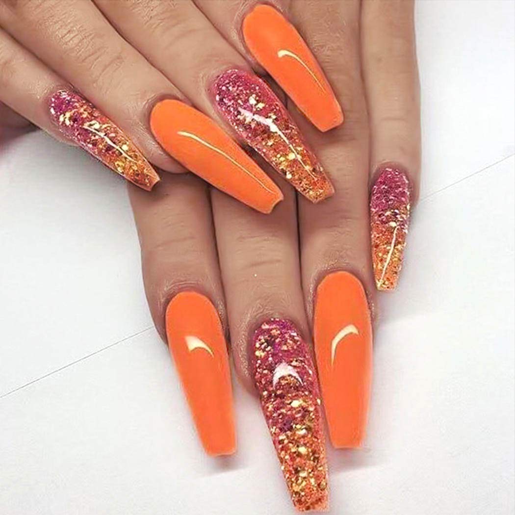 Cosydays Coffin Extra Long Press On Nails Orange Glossy False Nails Full Cover Glitter Fake Nail For Women And Girls Pcs Waoomart