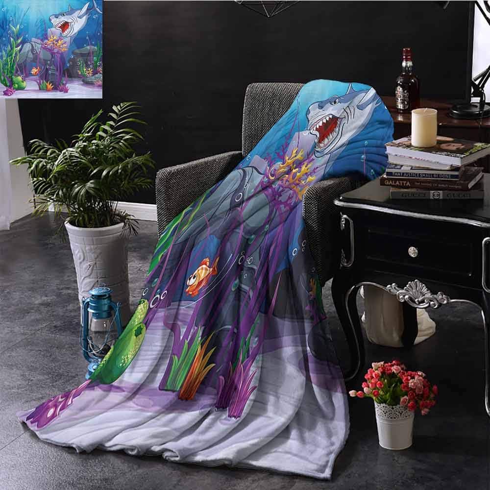 Xlcsomf Indoor and Outdoor Blankets Ocean Cartoon Style Underwater World Plants and Evil Shark Chasing Little Fish Illustration Multicolor W70 x L84