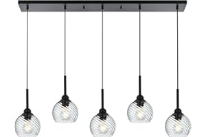 MILUCES 5 Light Kitchen Pendant Lighting Over Island with Striped Swirl Globe Glass, Black Blown Glass Pendant Light Hanging Ceiling Lamp Contemporary Chandelier for Dining Room Bar Living Room