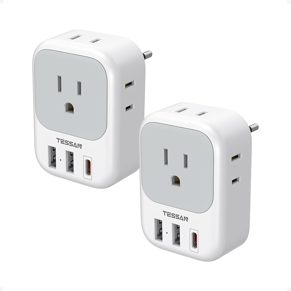 TESSAN European Travel Plug Adapter 2 Pack, Type C Plug | Not Voltage Converter, 4 Outlets 3 USB (1 USB C PD 20W), For Europe
