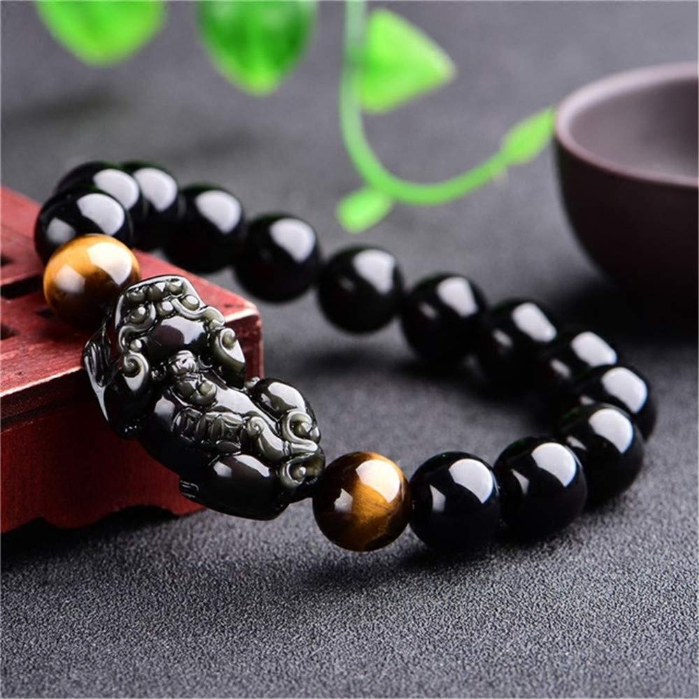 Feng Shui The Best 10mm Black Hand Carved Mantra Bead Bracelet with Obsidian Pi Xiu/Pi Yao Lucky Wealthy Amulet Brecelet with Tiger's Eye/Black Stone