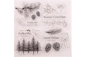 LZBRDY Winter Trees Branch Leaves Pine Cones Bow Clear Rubber Stamps for Card Making and Scrapbooking Christmas Wishes Words Silicone Stamps (T1641)