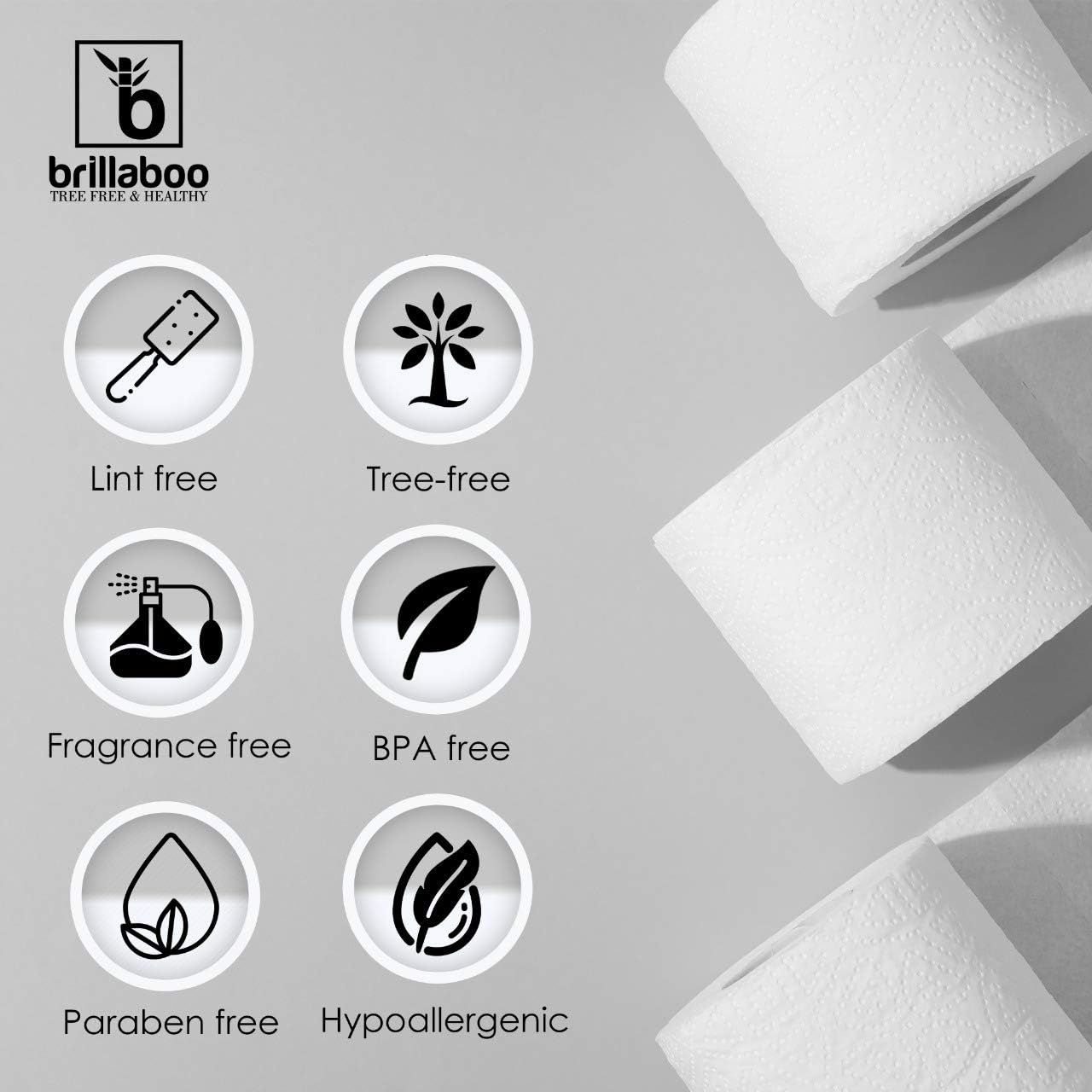 BrillaBoo Pure Bamboo Toilet Paper | 100% Tree Free Hypoallergenic Bamboo Toilet Paper For Sensitive Skin | Plastic, Tree & Lint Free | Septic-Safe - 3 Ply - 200 Piece Roll | 12 Rolls: Health & Personal Care
