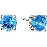 Amazon Essentials Sterling Silver Round Swiss Blue Topaz Birthstone Stud Earrings (December)