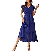PRETTYGARDEN Women's Summer Floral Boho Maxi Dress Short Sleeve Wrap V Neck Ruffle Long Flowy Beach Wedding Guest Dresses