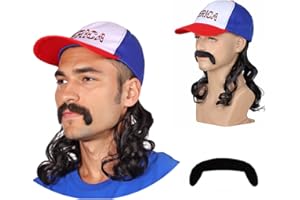 FantaLook Red White and Blue Mullet Black Wig with Mustache for Men 4th of July
