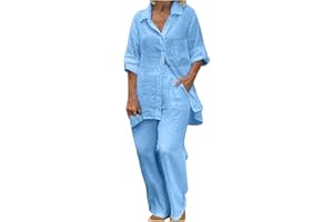 Linen Set for Women Plus Size Cotton Linen Sets Solid Casual Suit Long Sleeve Lapel Shirts Trousers Suit with Pockets