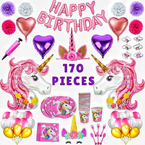Unicorn Birthday Party Supplies - 170 pcs - Unicorn Balloons, Happy Birthday Balloons, Heart Balloons, 30 Latex Balloons, Pom Poms, Headband, Cake Topper, Bracelets, Tableware, Serves 15.