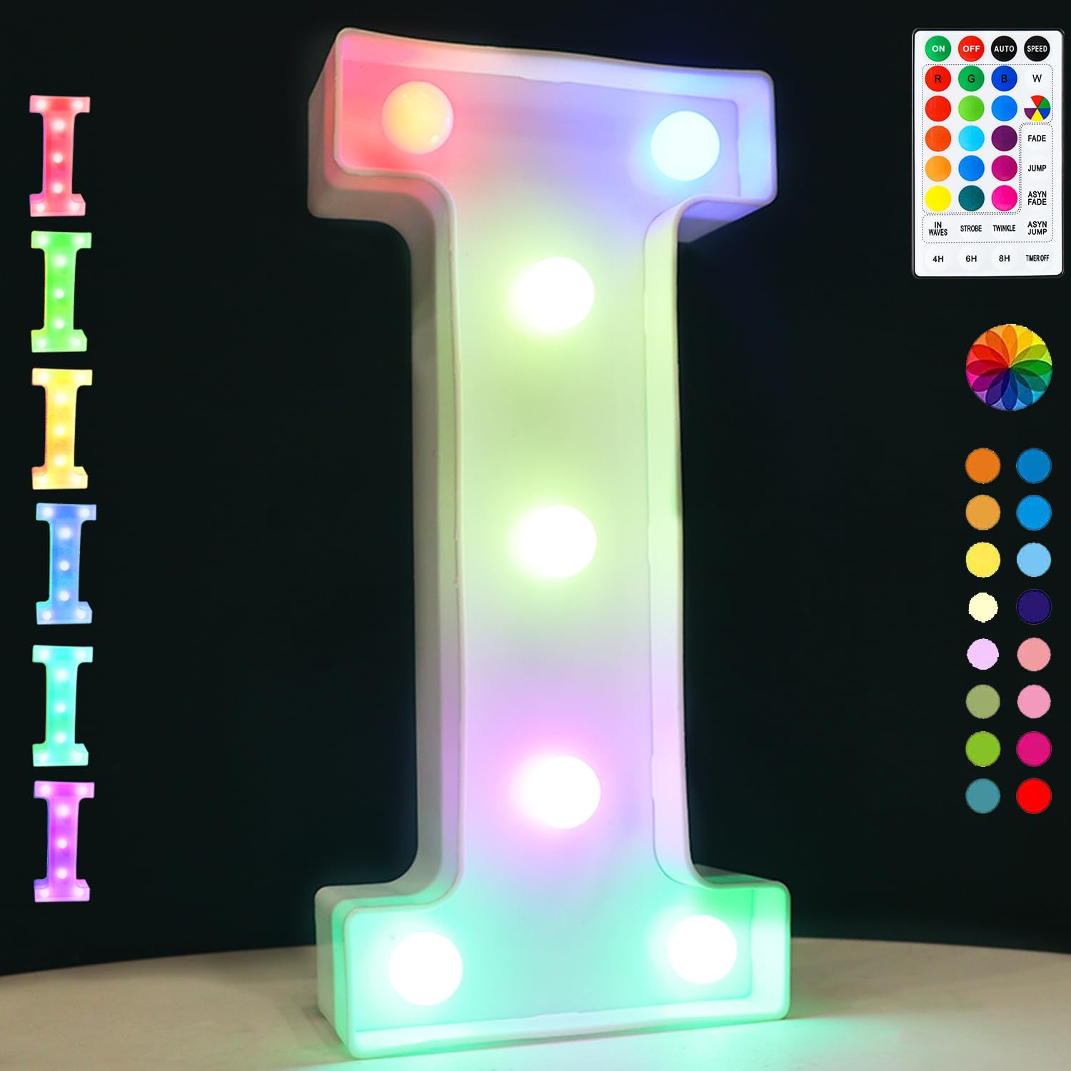 Photo 1 of Colorful LED Marquee Letter lights, 18 Colors Changing Alphabet Letters Sign with Remote Timer for Night Light Girls Bedroom Wedding Birthday Party Lamp Christmas Home Bar Decor- Colorful I