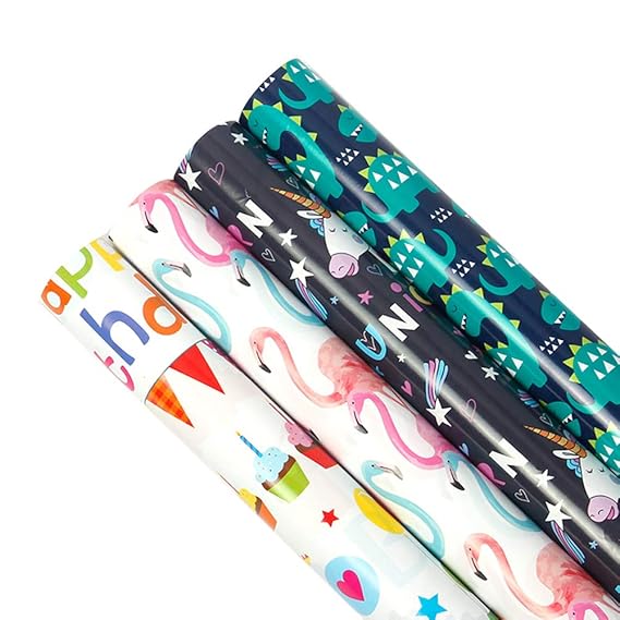 Geschenkpapier-Rolle, Flamingos/Dinosaurier/Einhörner, Geschenk, Dekoration, Geschenkpapier für Geburtstag, Muttertag, Valent