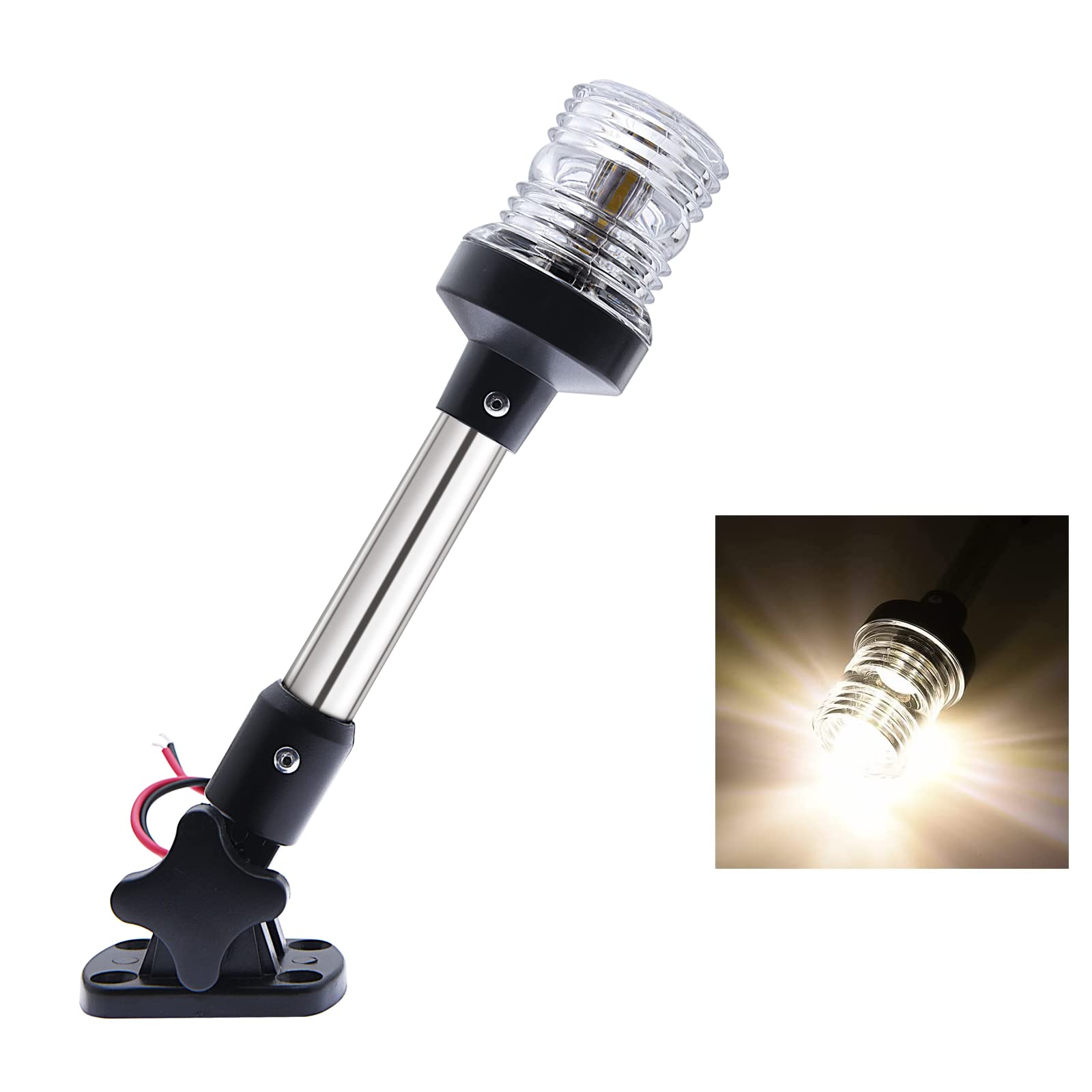 Geloo 10 inch Adjustable LED Navigation Lamp White Fold Down Stern Marine Anchor Light,360 Grad LED Navigation Signal Light For Yacht Boat Marine 12 V ~ 24 V(25CM/9.84" 180° adjustable base)