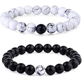 Byson 2 Pcs Couple Distance Relationship Bracelets Black Matte Agate &amp; White Howlite Energy Beads Stone Ying Yang Balance Bracelet Banglet for Lovers Touch Bracelets Long Distance Relationship&iexcl;&shy;