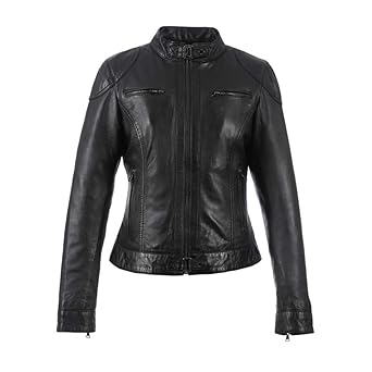 Oakwood Damen Lederjacke Bikerjacke Übergangsjacke Lina Schwarz Stehkragen Tailliert Gr. S - XXL