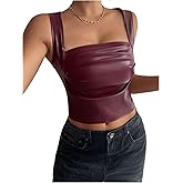 SOLY HUX Women's PU Leather Square Neck Tank Tops Sleeveless Slim Fitted Party Club Crop Top