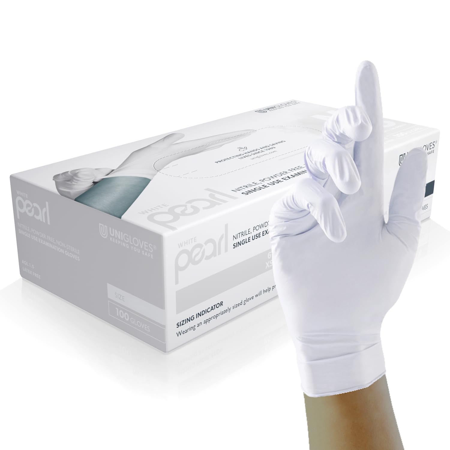 Unigloves White Pearl Nitrile Examination Gloves - Multipurpose, Powder Free and Latex Free Disposable Gloves - Box of 100 Gloves, White, Medium (GP0023)