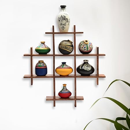 ExclusiveLane 8 Small Terracotta Warli Handpainted Pots with Home Decorative Wooden Frame Wall Hanging (33 cm x 5.1 cm x 33 cm, Set of 9)