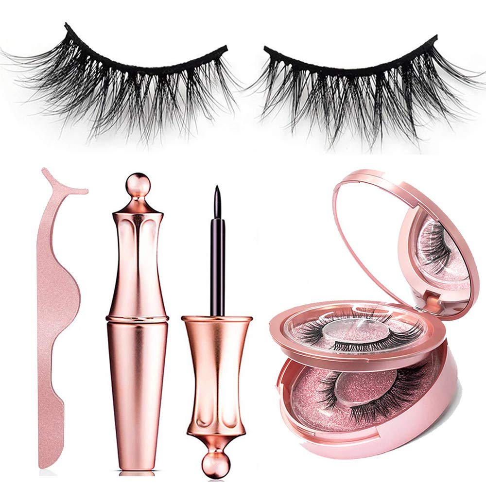 3D Magnetic False Eyelashes Adhesives Kit - Govary Reusable Eyeliner Liquid and Lashes, Waterproof Smooth Eyeliner with Mirrors and Tweezers Inside, 2 Pairs