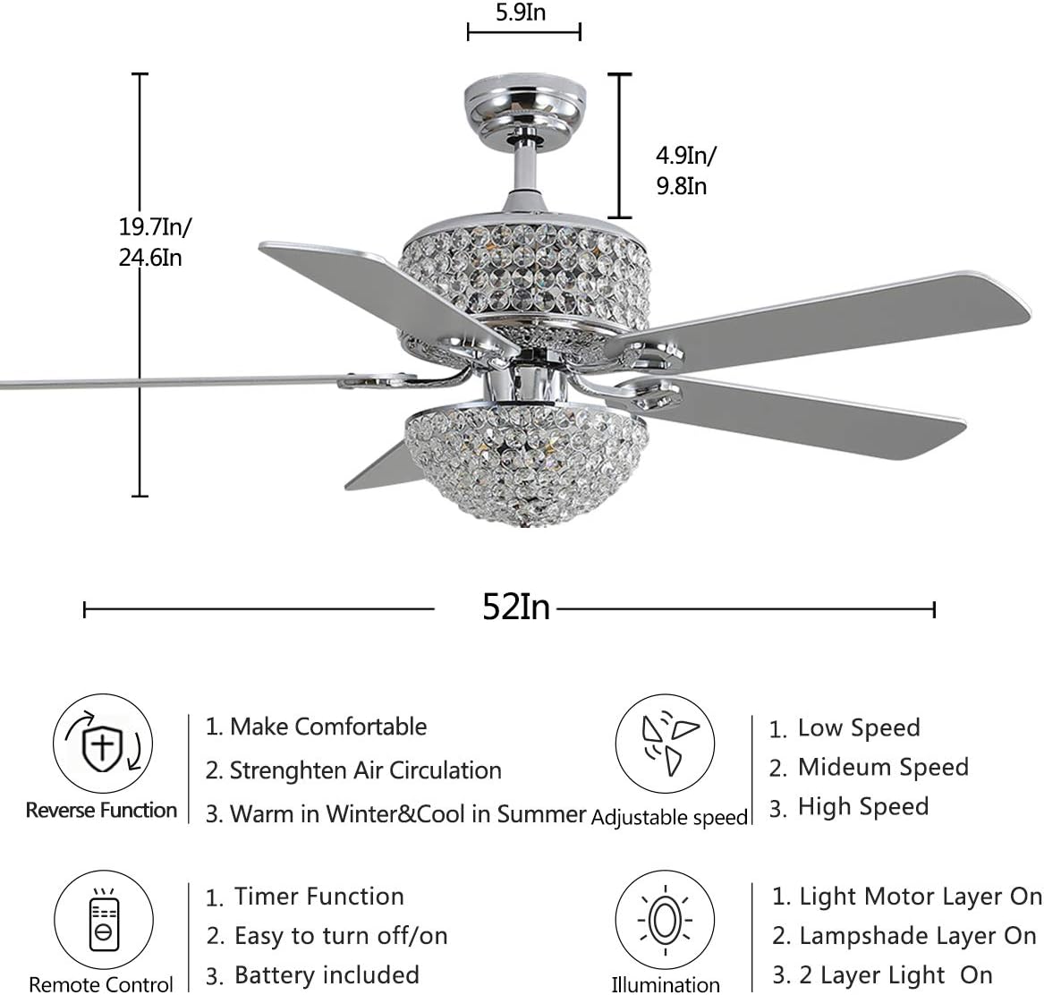 52 Crystal Ceiling Fan With Lights And Remote Control 5 Wood