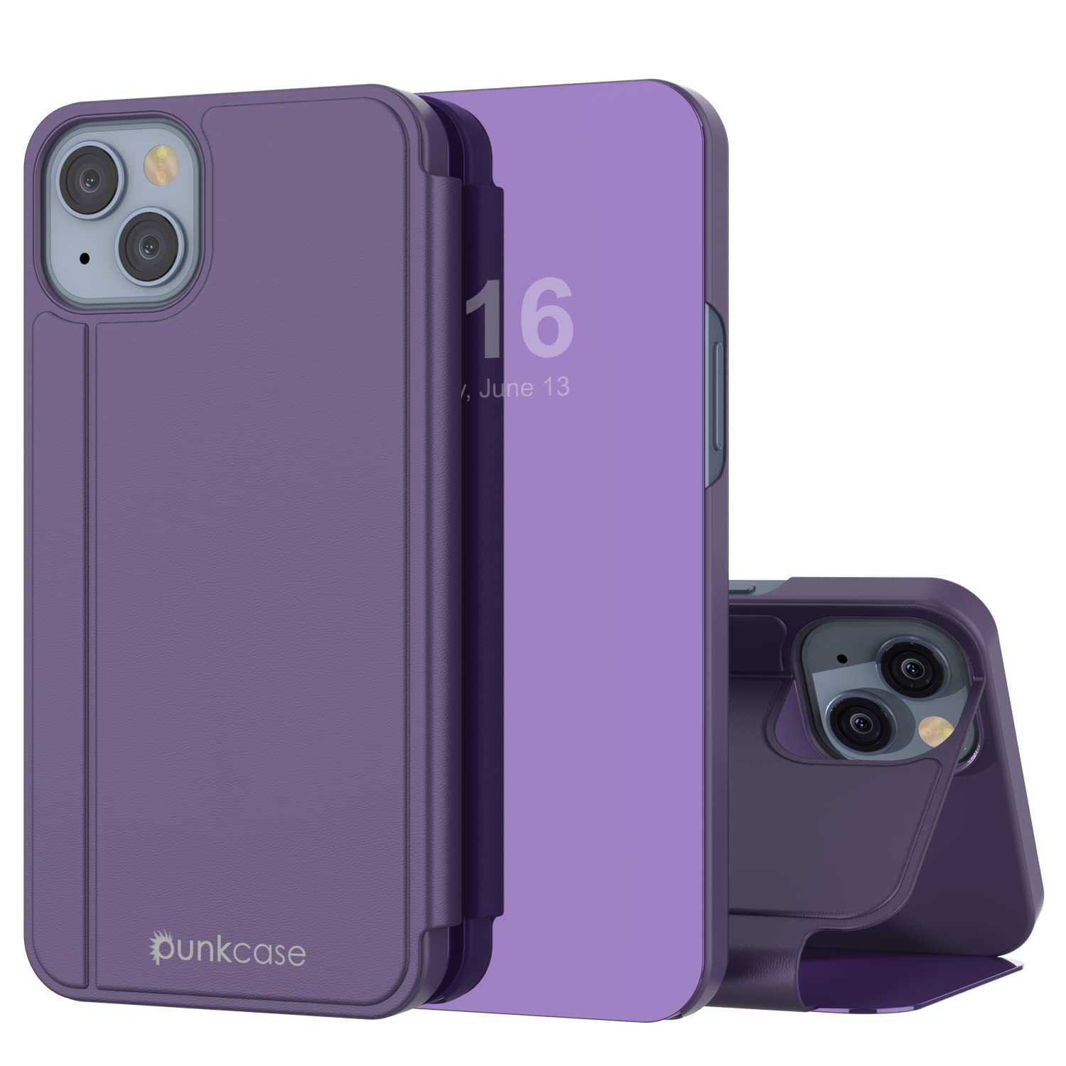 Punkcase for iPhone 14 Reflector Case Protective Flip Cover W/Scratch Resistant Semi-Translucent Mirror Front & Non-Slip PU Leather Back for iPhone 14 (6.1") (2022) (Purple)