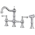 WOWOW 4 Hole Kitchen Faucet with Sprayer, 8 Inch Centerset Brass Bridge Kitchen Faucet 2 Handle with Side Sprayer, Vintage Farmhouse Kitchen Sink Faucet Chrome
