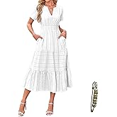 Yazinie Women’s Cotton Maxi Dress Short Sleeve V Neck Lightweight Casual Everyday Dress with Pockets