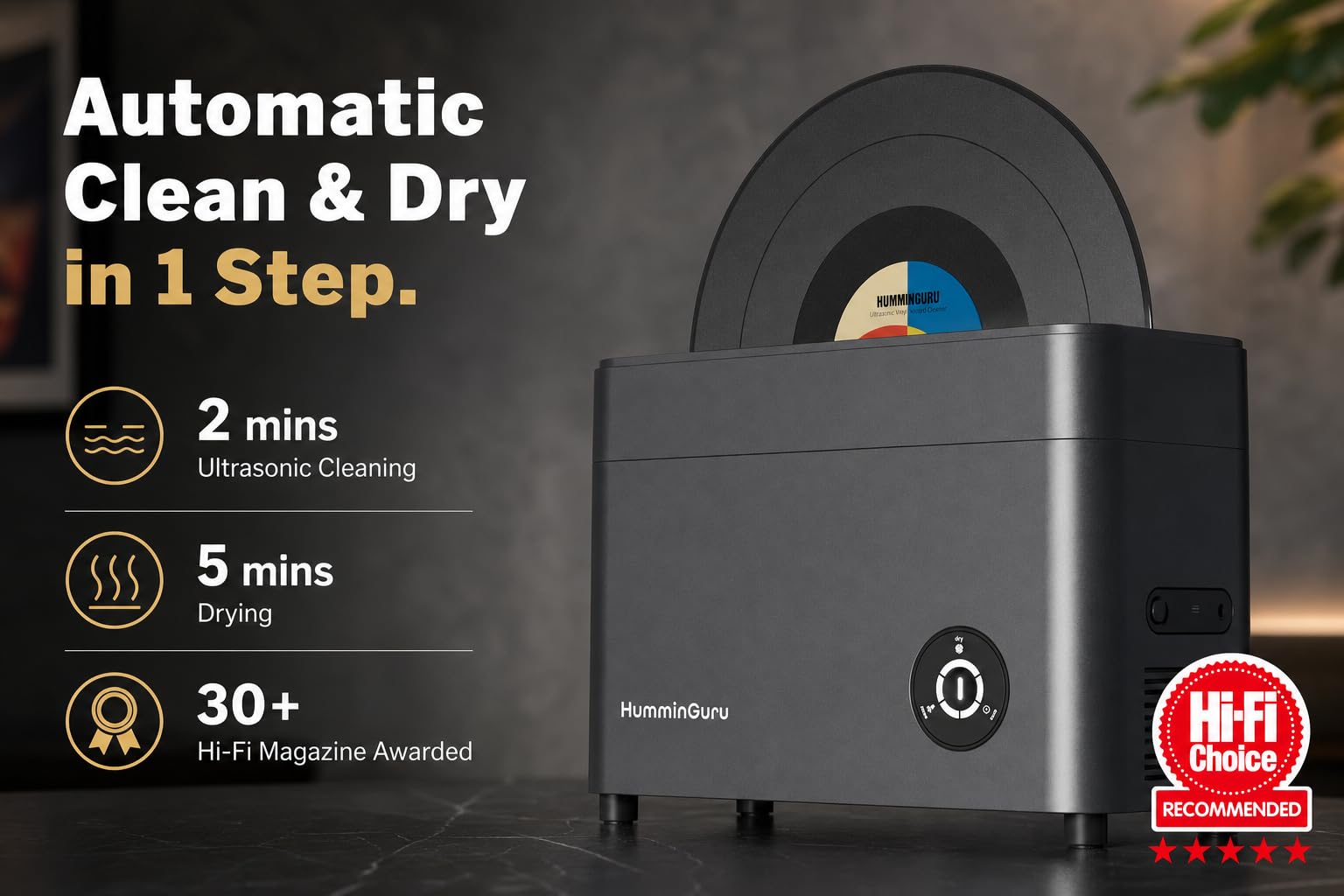 HumminGuru Ultraschall-Schallplattenreiniger – 40-kHz-Ultraschall-Schallplatten-Reinigungsgerät mit automatischer Trocknung, schallplatten reinigungsset mit wasserfilter (Dunkelgrau, 12 Zoll) 2