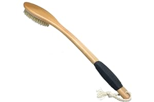 OWIIZI Bath Brush Wooden Curved Long Handle Antiskid Shower Brush for Exfoliating, Natural Bristle Scrubber for Back Use Wet 
