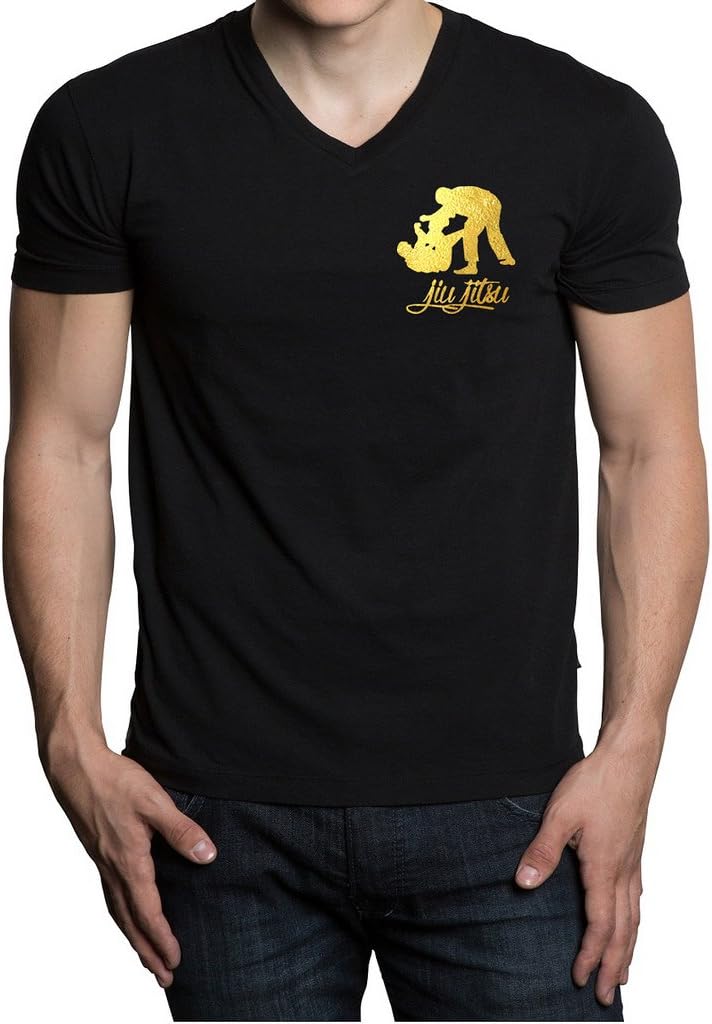 Interstate Apparel Inc Men's Gold Foil Jiu Jitsu Emblem Black V-Neck T-Shirt Black