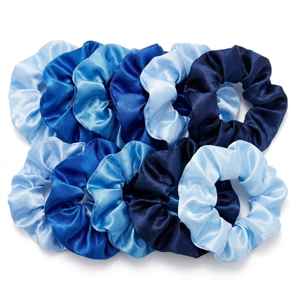 [10pcs/Set] Silk Colorful Hair Scrunchies, Soft Elastic Satin Ties - Comfy And Stylish Hair Accesories, Scrunchie Women, Girls Gentle Texture Minimizes Breakage & Friction Frizz Free [Blue Variety]