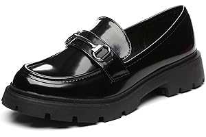 Vera Creation Women's Chunky Platform Loafers with Chain or Buckle Patent Leather Casual Business Work Shoes Comfort Slip-on