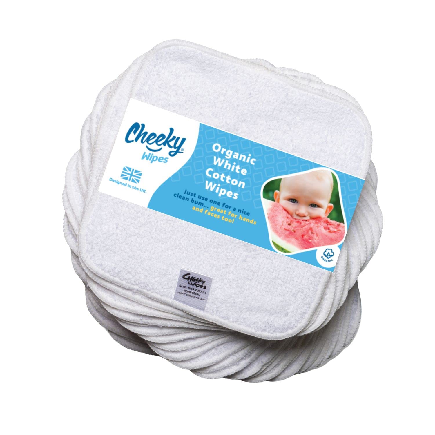Cheeky Wipes - Organic Premium White Heavyweight Cotton 25 pack Baby Wipes - 15x15cm Reusable Towelling Wipes, Extra Soft & Perfect for Cleansing Baby's Hands and Face | Eco Friendly