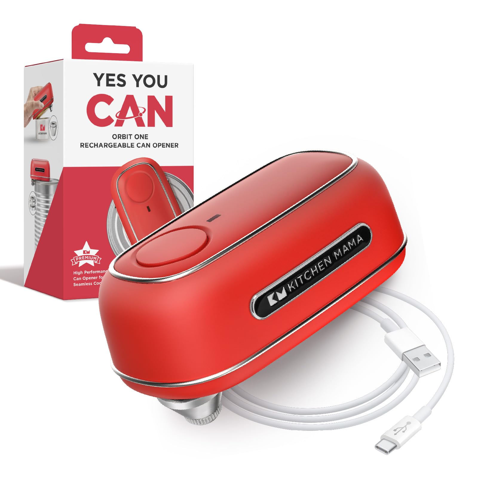 Kitchen Mama Orbit One Rechargeable Can Opener: Hands-Free, USB-C Charging, Auto Shut-Off, Smooth Edge, Professional Blade for Large Cans, with Elegant Storage Box (Red)