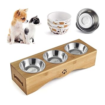 Liboom Bamboo Stand Pet Feeding Bowl Raised Dog Cat Bowls Non Slip