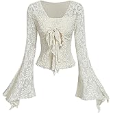 GORGLITTER Women's Mesh Bell Sleeve Tie Front Tops Dressy Casual Fall Long Sleeve Going Out Rave Festival Old Money Top