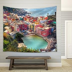 Vernazza in Cinque Terre, Italy, View from Mountain Trekking Path - Fabric Wall Tapestry Home Decor - 51x60 inches