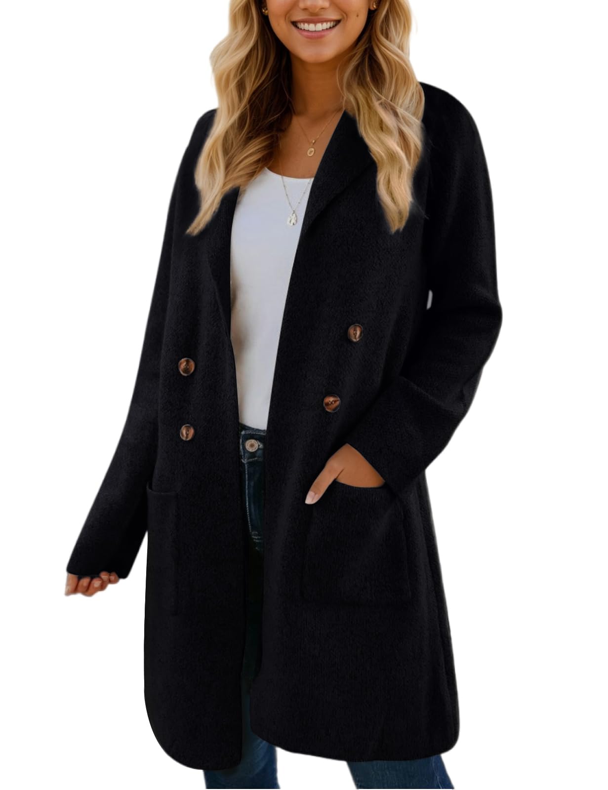 Photo 1 of VIMPUNEC Fall Long Cardigan Sweaters for Women Trendy Open Front Coats Knit Jackets Coatigan with Pockets Black M
