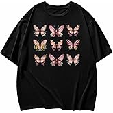 Butterfly Flowers Shirts Graphic Tees for Women, Cartoon Funny Womens Oversized T Shirt Crewneck Short Sleeve Casual Tops
