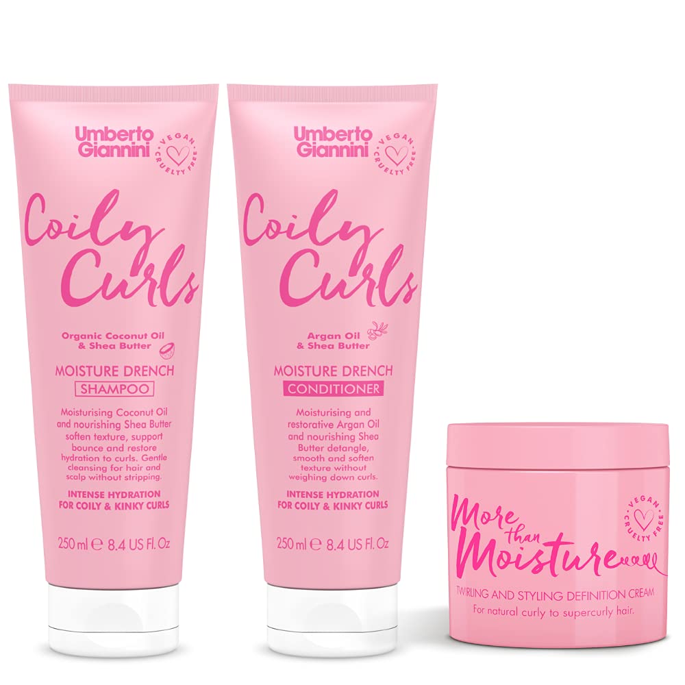 Umberto Giannini Coily Curls Shampoo, Conditioner and Styling Cream Set - Vegan & Cruelty Free Moisturising Shampoo, Conditioner Bundle with More than Moisture Hydrating Curl Cream for Curly Hair