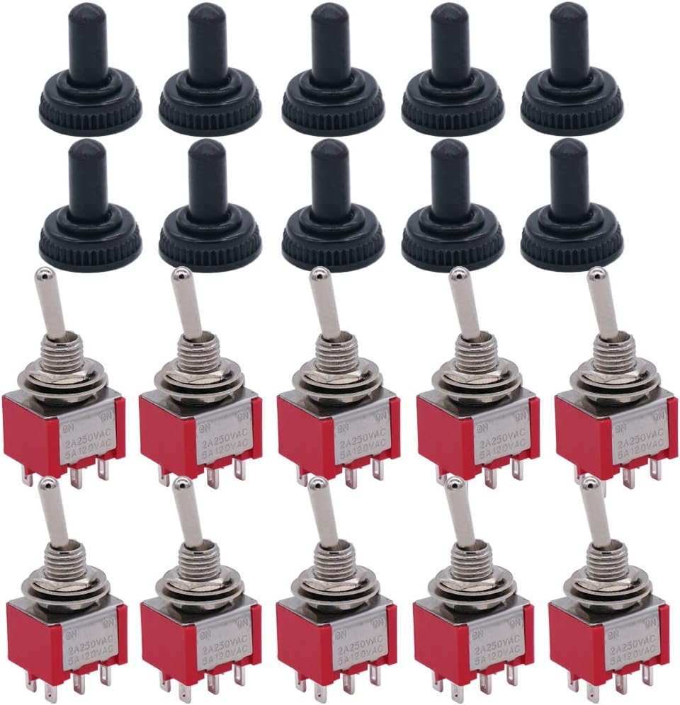 mxuteuk 10Pcs Mini Toggle Switch DPDT 2 Position 6 Pins ON-ON AC 125V 5A with Waterproof Cap MTS-202-10MZ