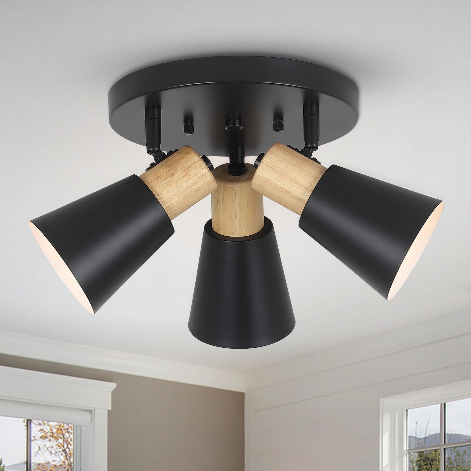 Photo 1 of Industrial Flush Mount Ceiling Light Fixture, 3-Lights Multi-Directional Rotating Ceiling Lamp, Metal Black Kitchen Light Fixtures Ceiling Mount, Vintage Bedroom Ceiling Lights for Hallway Living Room