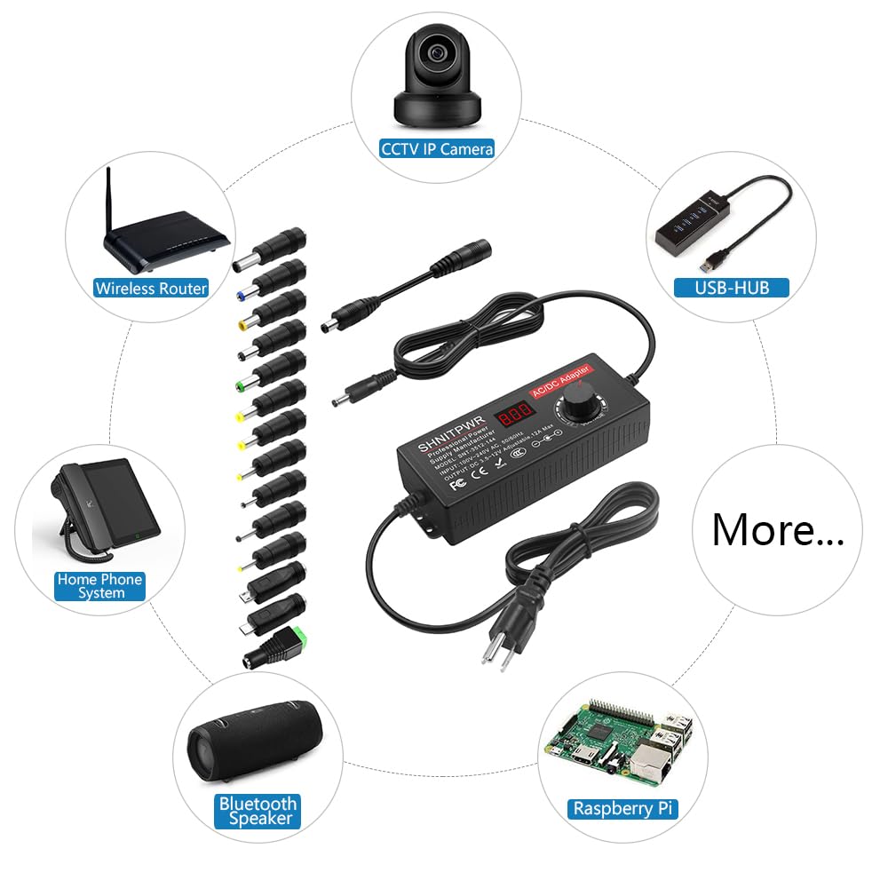 SHNITPWR Power Supply Adjustable DC 12V 11V 10V 8V 9V 6V 5V 3.5V Universal AC Adapter Multi-Voltage AC/DC Adapter 3.5V~12V 12A 144W DC Power Adapter 100V~240V AC to DC Variable Power Converter 14 Tips
