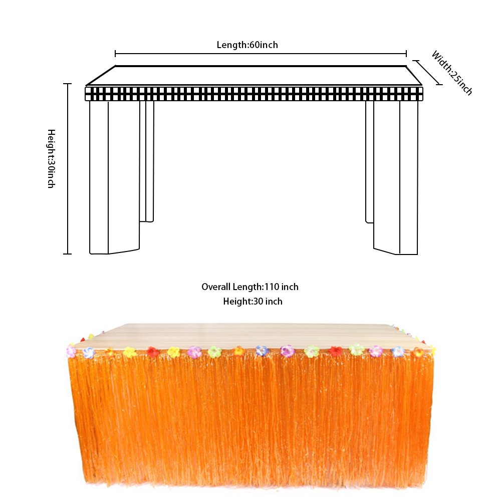 Grass Table Skirt Halloween - 110 x 29 Inches Luau String Hibiscus Leis Silk Flower Party Decoration(2 Pack,Orange and Green)