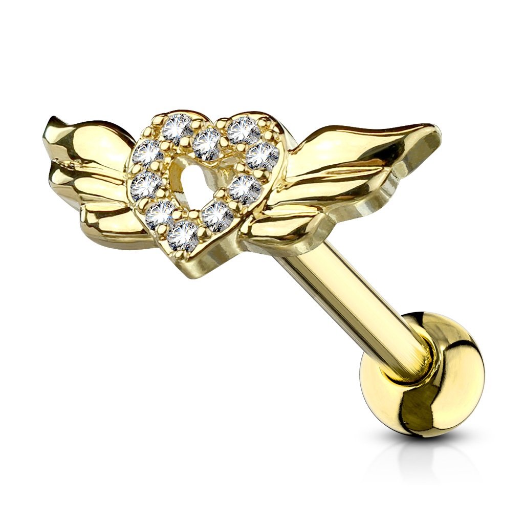 PiercedOff Gold Tone PVD over 316L Surgical Steel Cartilage Barbell with Clear CZ Paved Heart with Wings