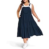 Moon Wood Plus Size Overall Dress for Women Casual Bib Jumper Dress with Pockets Adjustable Straps Summer Maxi Dress