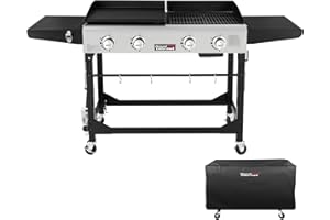 Royal Gourmet GD401C 4-Burner Propane Gas Grill and Griddle Combo with Cover, Griddle Grill Combo with 48,000 BTUs Output for Outdoor Cooking While Camping or Tailgating, Black & Silver