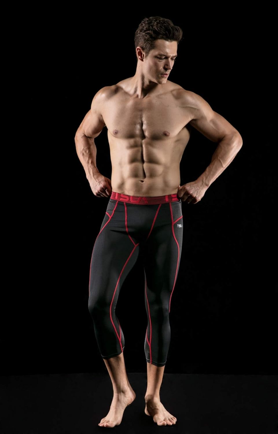 TSLA Men's Compression 3/4 Capri Pants Baselayer Cool Dry Sports Running Yoga Tights : Clothing
