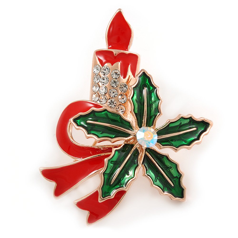 Holly and Christmas Red, Green Enamel Crystal Candle Brooch/Pendant In Rose Gold Tone - 45mm L