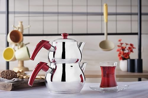 DESTALYA Turkish Teapot Set Stainless Steel Double Tea Pots for