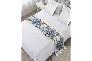 Ldtrchee Bed Runner for King Size, Blue Christmas Poinsettia Decorative Scarf Throws for Foot of Bed, Xmas Balls Berries Beige Luxury Bedding Protector Slipcover Bedrunners for Hotel, 94 x 20 Inch