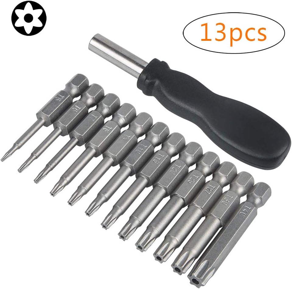 12 Pack 50mm Torx Screwdriver Bit Sets,YuCool 1/4 inch Star Magnetic Screwdriver Security Bit Set T5-T40 S2 Steel Hex Screwdrivers Impact Driver Bits Set including 1 Pack Handle